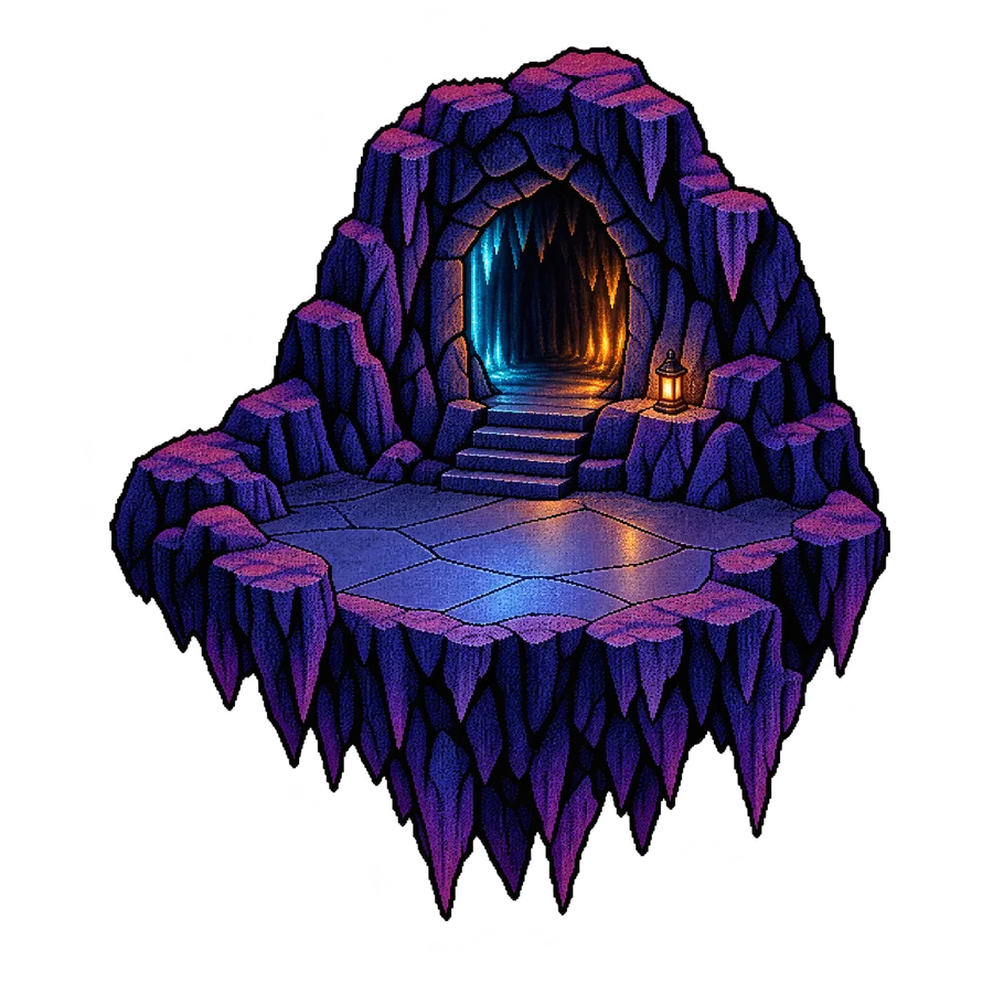 A small floating rock with a glowing cave entrance