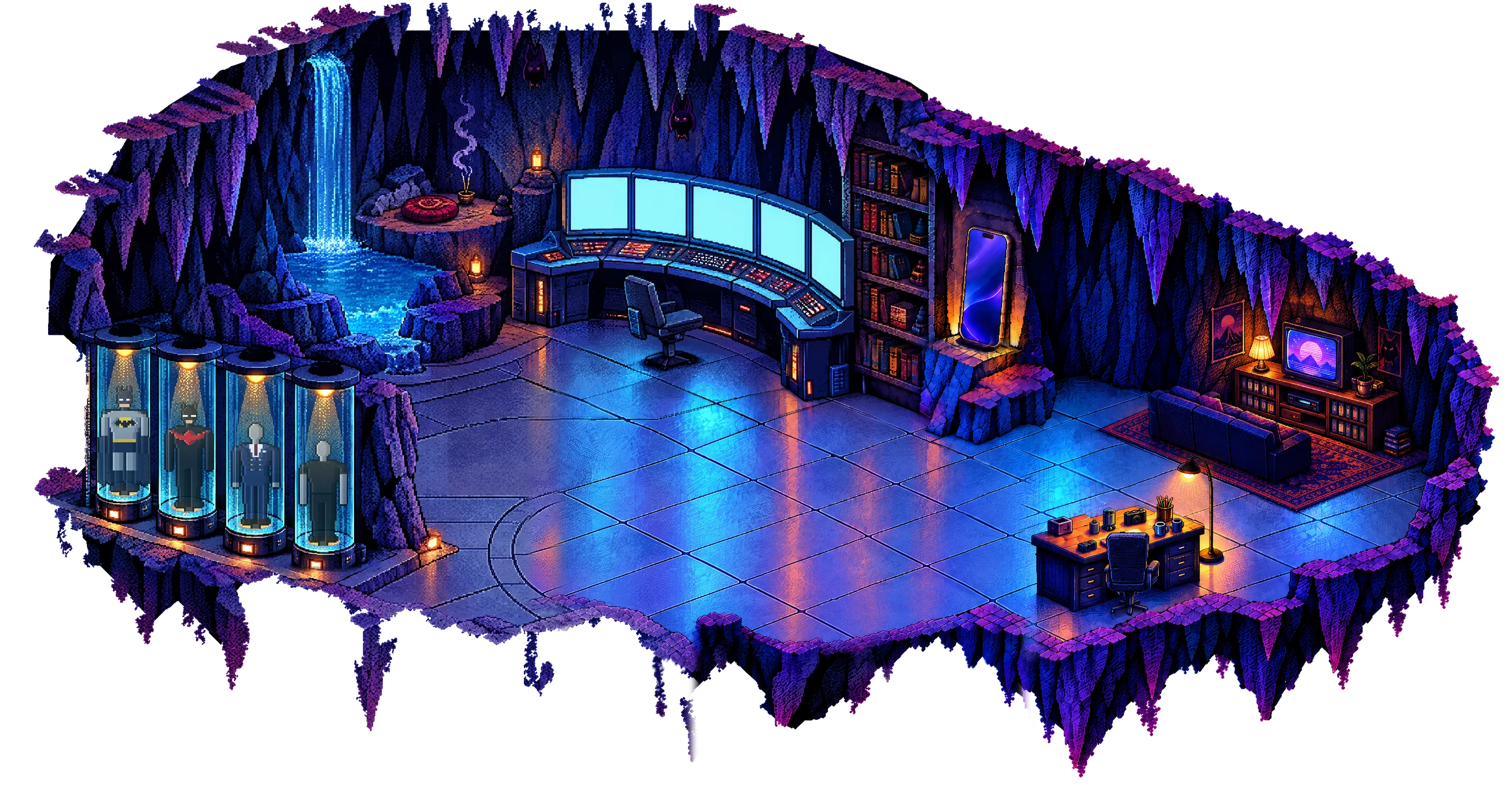 An isometric pixel-art cave floating in a night sky: a waterfall, a meditation ledge, a five-screen computer, glass tubes holding suits, a bookshelf, a giant iPhone and a desk of cameras.